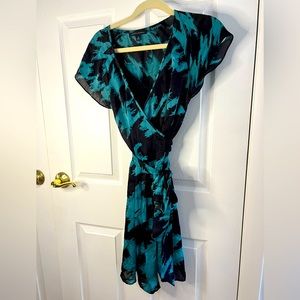 100% Silk Banana Republic Black/Teal Wrap Dress, Size 0